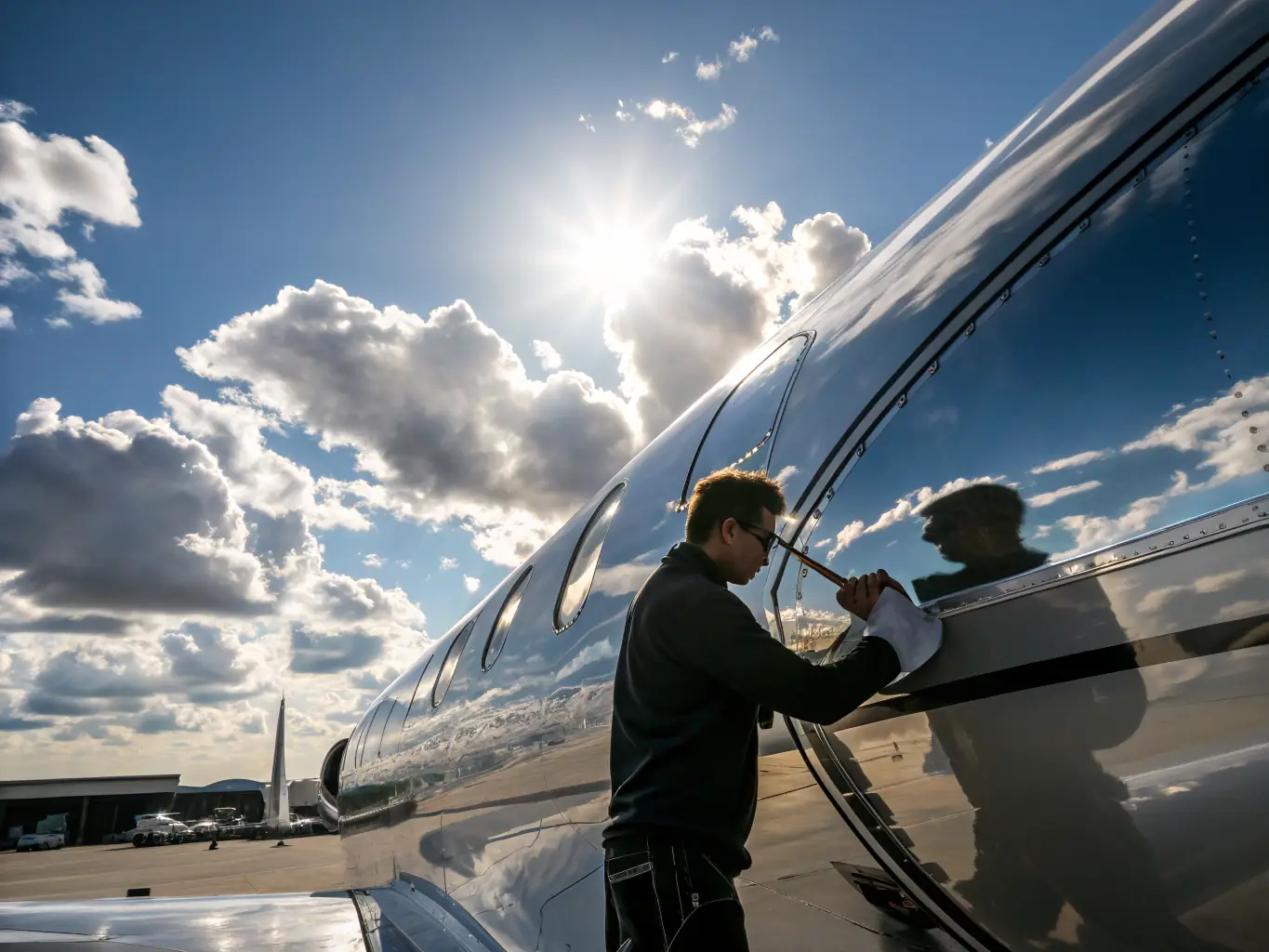 A side view of an aircraft undergoing polishing and waxing, with a mirror-like reflection visible on the surface.