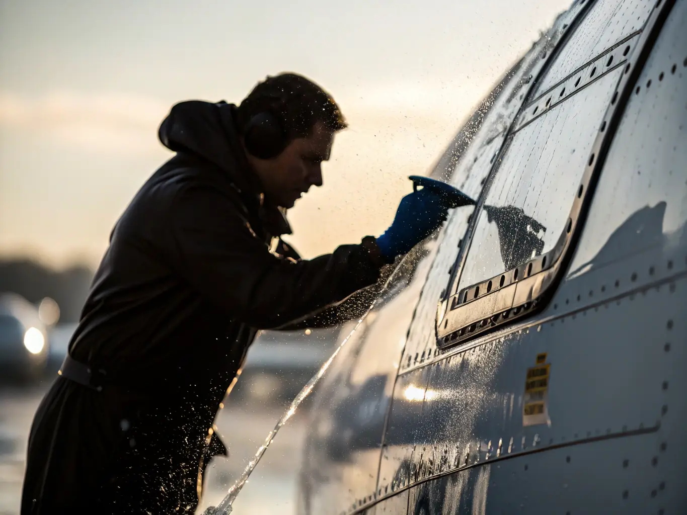 Close-up shot of high-quality cleaning products being used on an aircraft surface, highlighting the commitment to using the best materials.