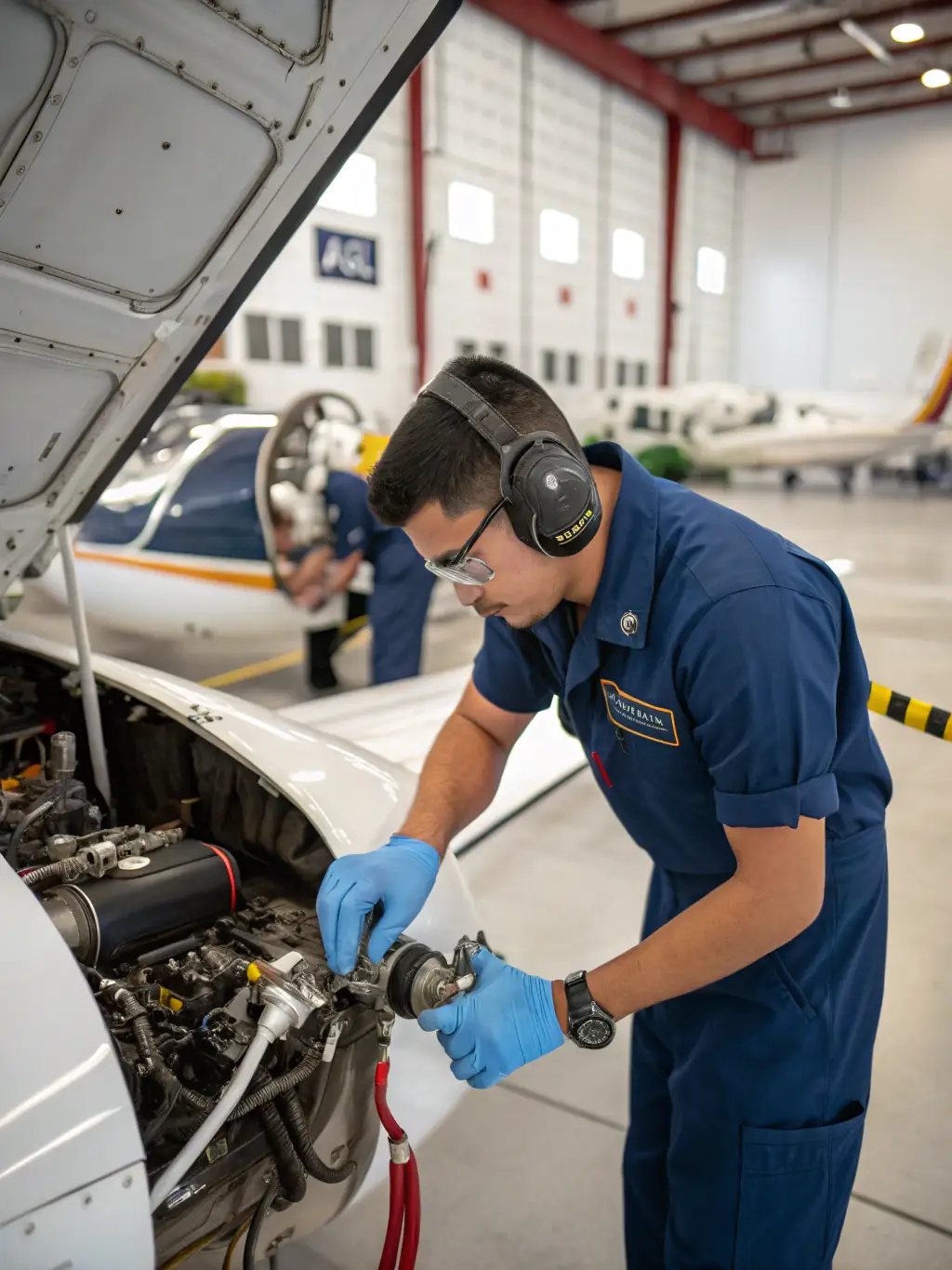 A close-up shot of a technician meticulously cleaning the wing of a small aircraft, showcasing the attention to detail in Bee AirCraft Detailing's exterior washing service.