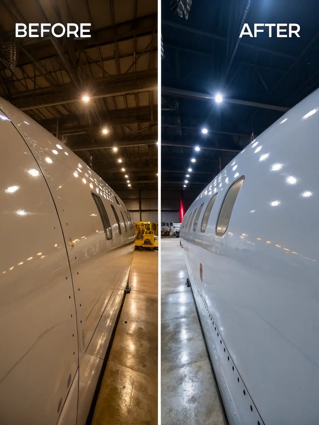 A before-and-after shot of an aircraft's exterior, demonstrating the transformative effects of Bee AirCraft Detailing's polishing and waxing service.